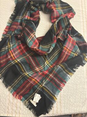 Maurices Black Plaid Scarf with Red, Green and Yellow Accents